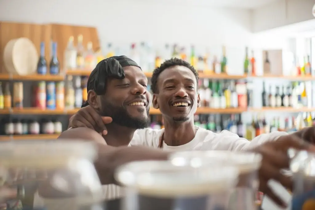A joyful couple shopping in a store, embracing each other with smiles.